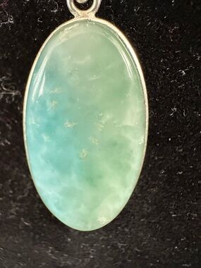 Silver Tone Rope Chain Necklace 29 in Oval Aqua Blue Cabochon Pendant